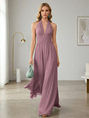 Elegant Sage Green Halter Chiffon Maxi Gown