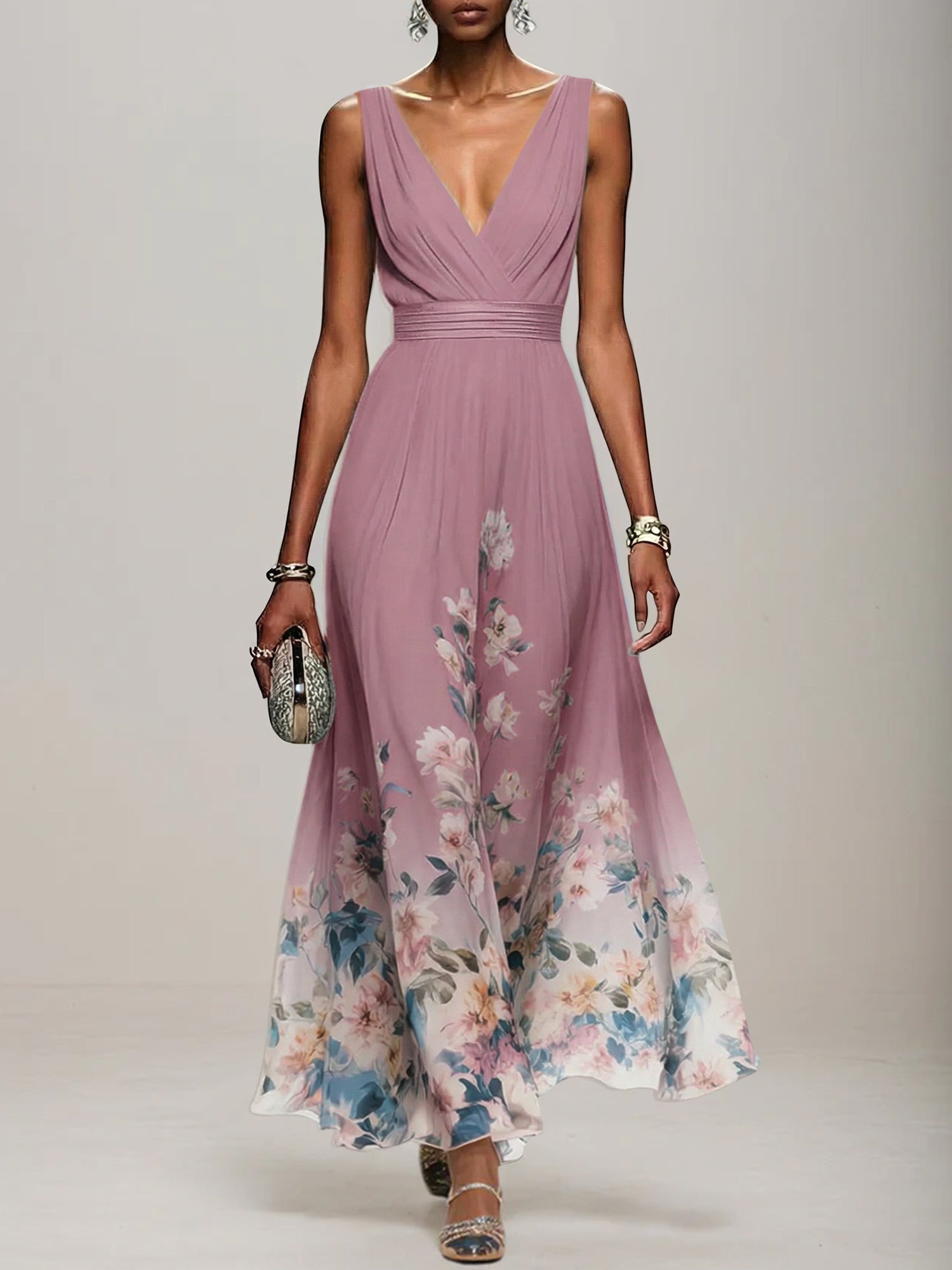 Light Blue Floral Chiffon V Neck Sleeveless A Line Maxi Dress