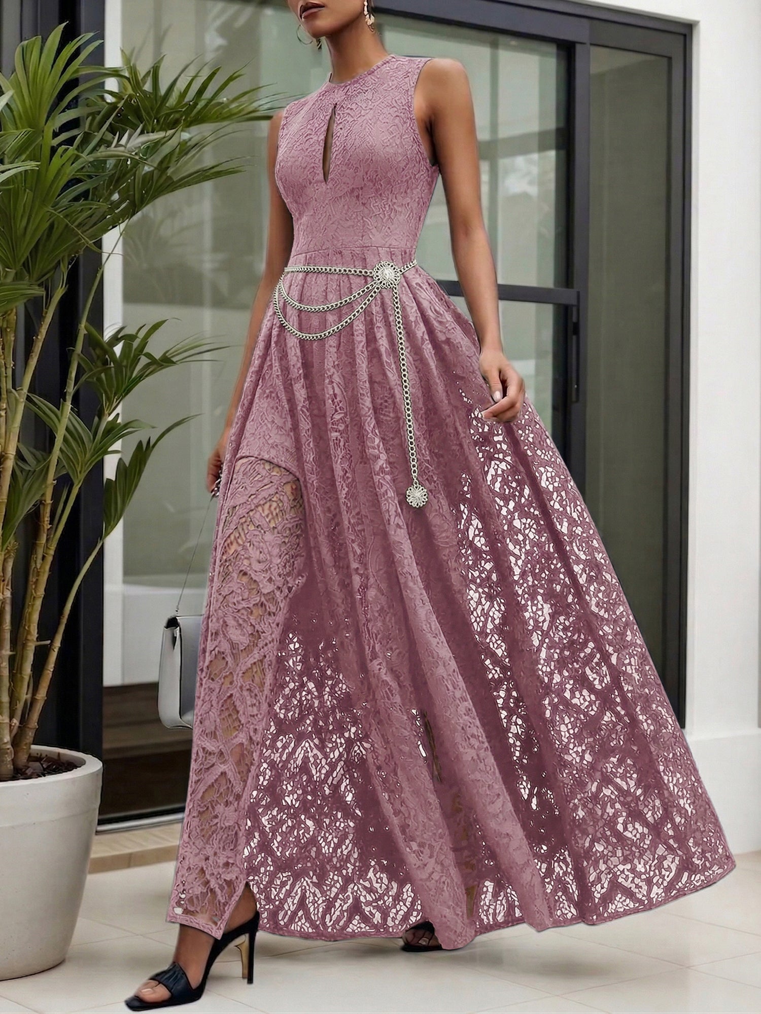 Midnight Black Lace Hollow Out Crew Neck Sleeveless A-Line Maxi Dress