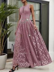 Midnight Black Lace Hollow Out Crew Neck Sleeveless A-Line Maxi Dress