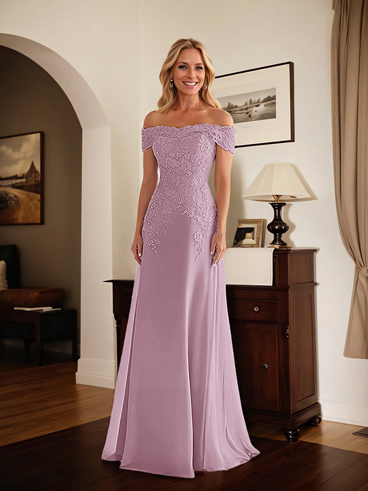 Elegant Taupe Off The Shoulder Sheath Mother of the Bride Dress with Lace