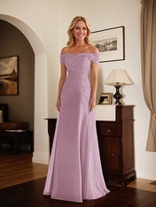 Elegant Taupe Off The Shoulder Sheath Mother of the Bride Dress with Lace