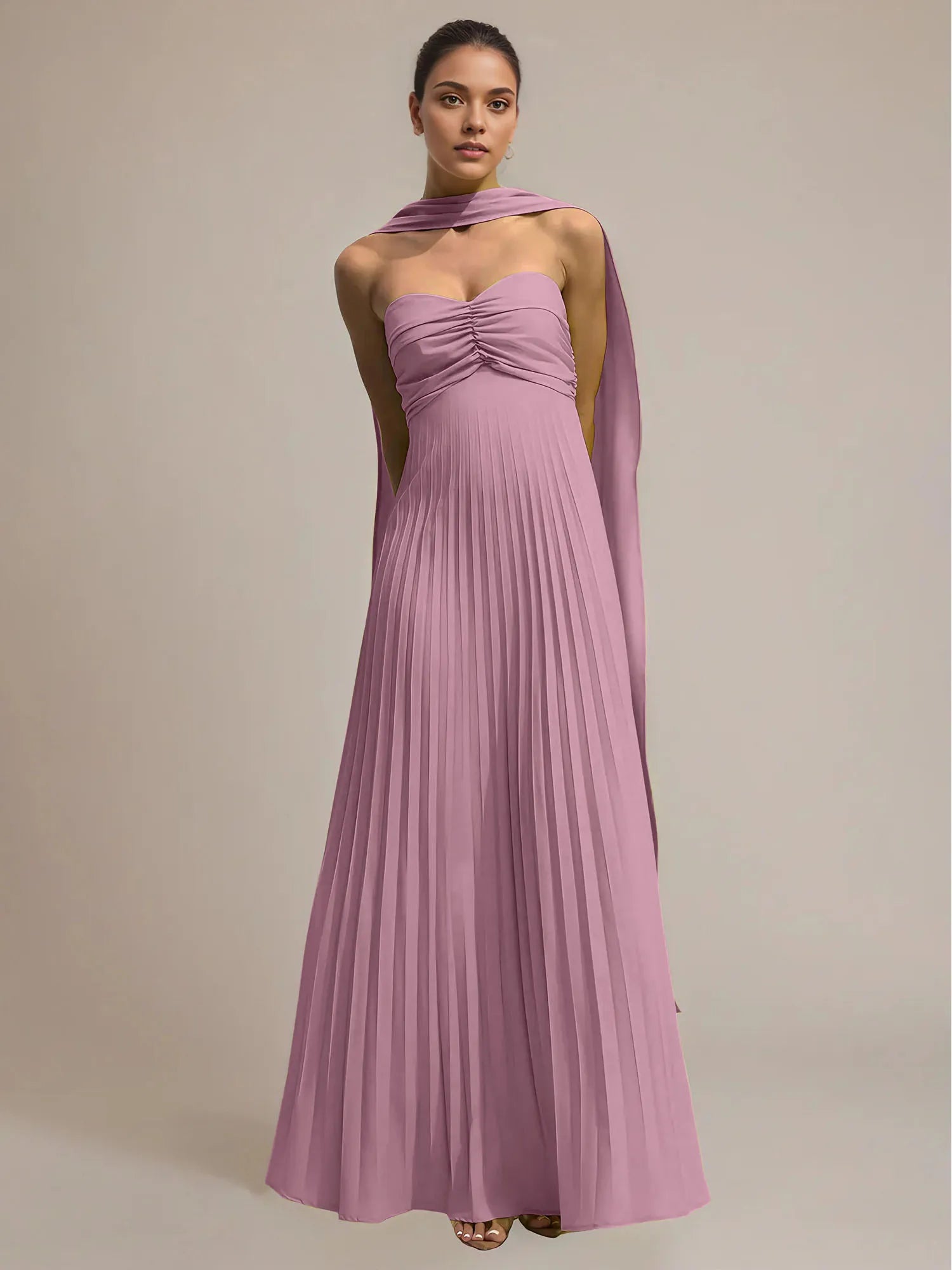 Green Chiffon A Line Off The Shoulder Sleeveless Floor Length Pleated Dress