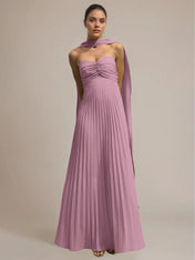Green Chiffon A Line Off The Shoulder Sleeveless Floor Length Pleated Dress