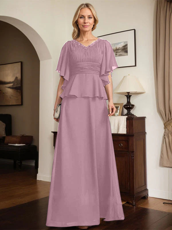 A-line V-Neck Floor-Length Chiffon Mother of the Bride Dress With Pleated Beading
