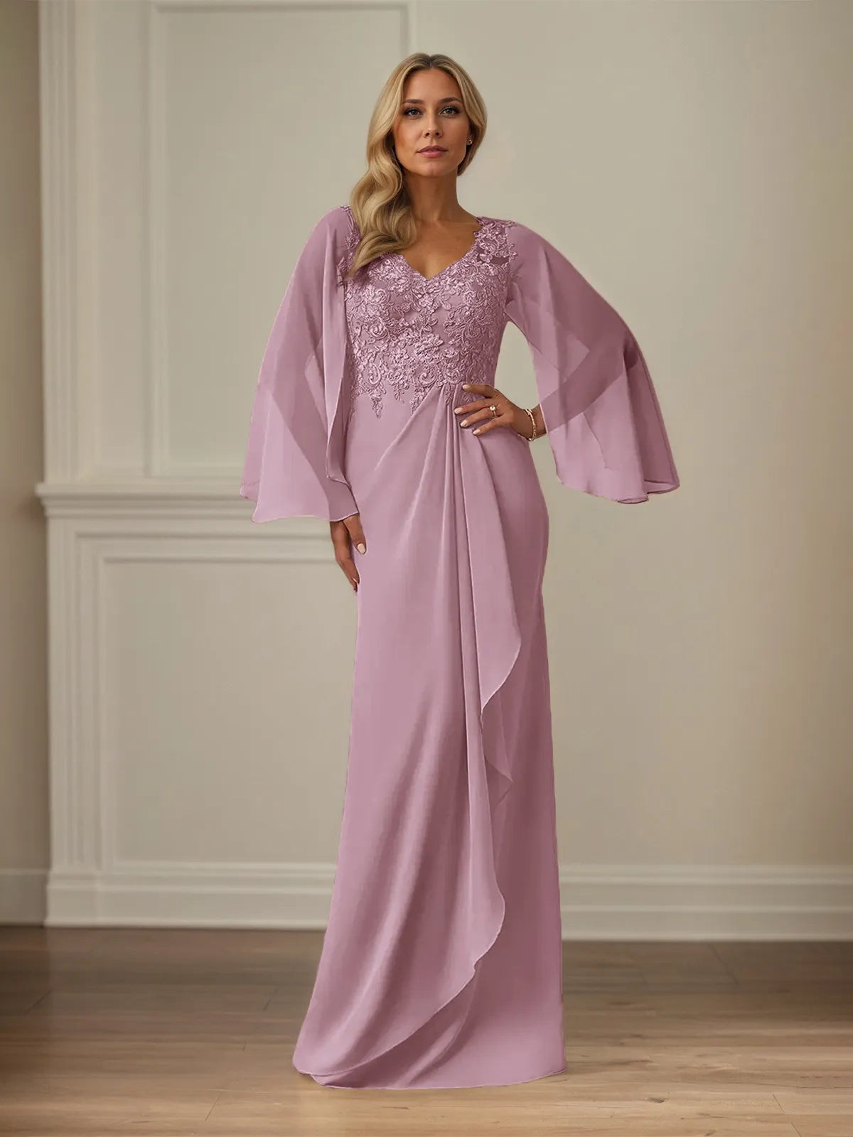 Column Chiffon V Neck Long Sleeves Floor Length Mother of the Bride Dresses With Appliques