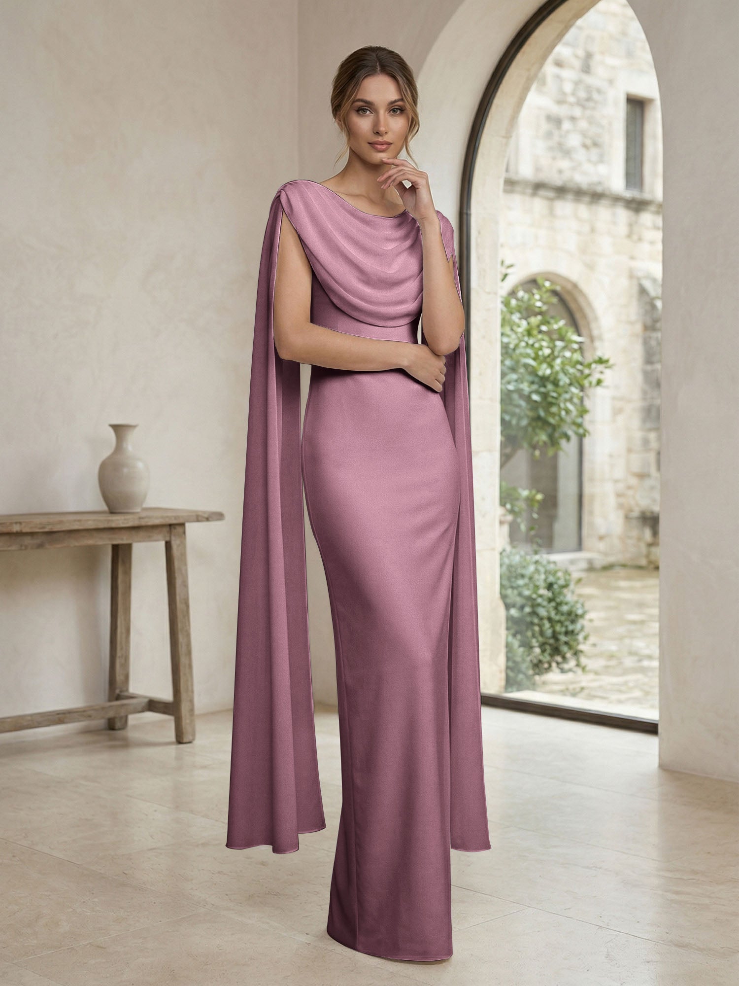 Ivory Draped Cowl Neck Cape Gown Maxi Dress