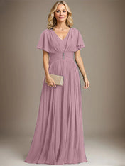 A-line V-Neck Floor-Length Chiffon Mother of the Bride Dress With Crystal Brooch Pleated