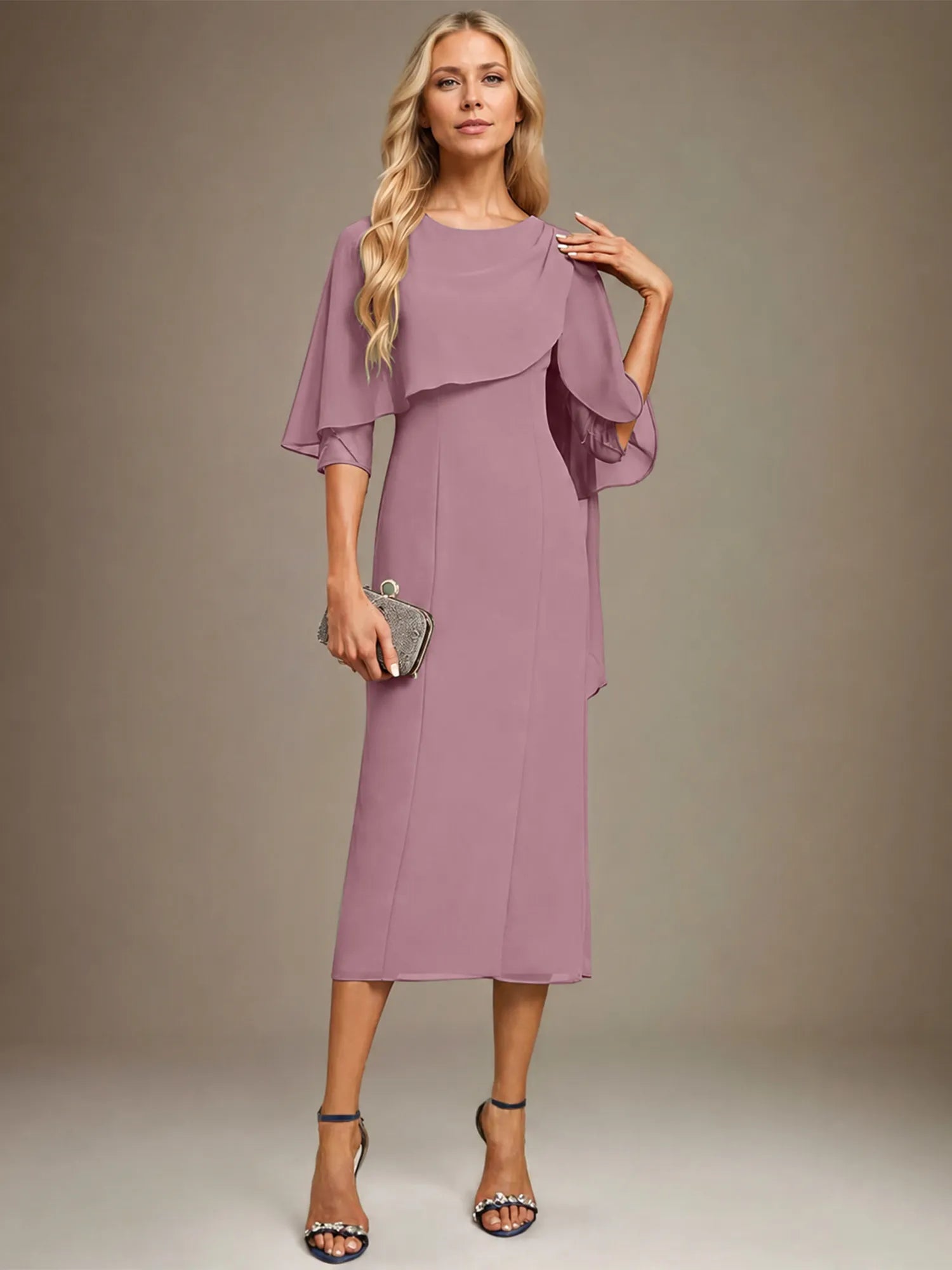 Column Scoop Tea Length Chiffon Dress With Pleated Beading