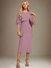 Sheath/Column Scoop Tea Length Chiffon Dress With Pleated Beading