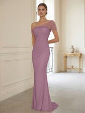 Sophisticated Blush Pink Asymmetrical Ruched Maxi Dress Evening Gown