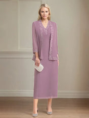 Sheath/Column Chiffon V Neck 3/4 Sleeves Tea Length Mother Of The Bride Dress