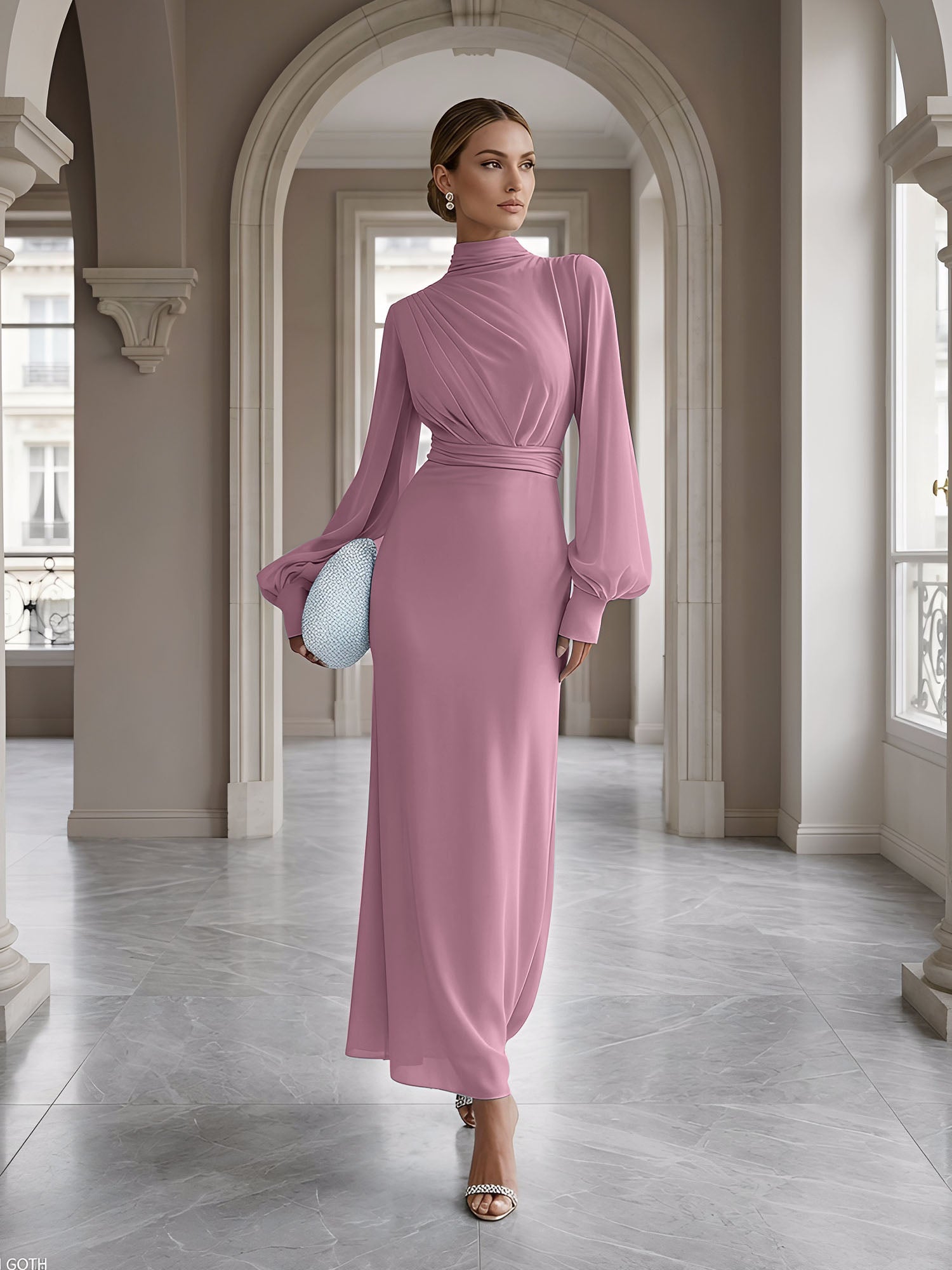 Ice Blue High-Neck Bishop Sleeve Gown Foraml Evening Dress