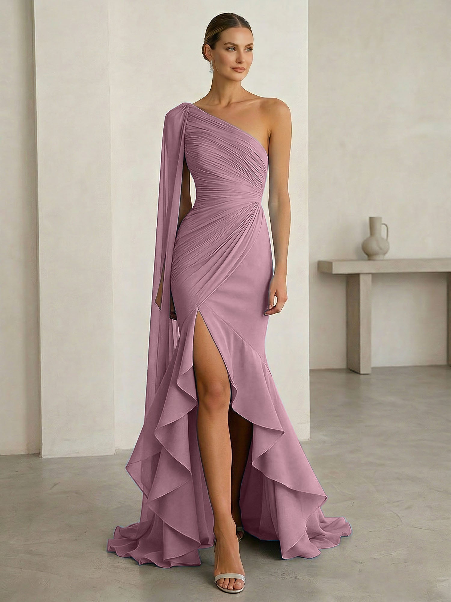 Glamorous Midnight Navy Formal Evening Dress One-Shoulder Ruched Cape Gown