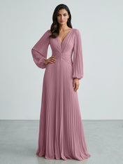Slate Blue Plunging V-Neck Pleated Long Sleeve Maxi Dress Gown