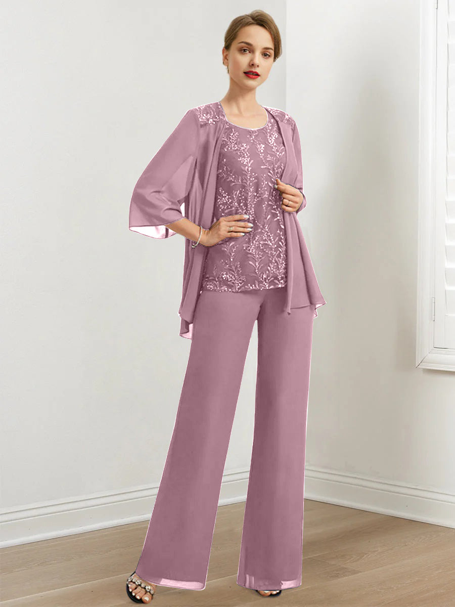 Chiffon Mother of the Bride Pantsuits with Sequins & Jacket