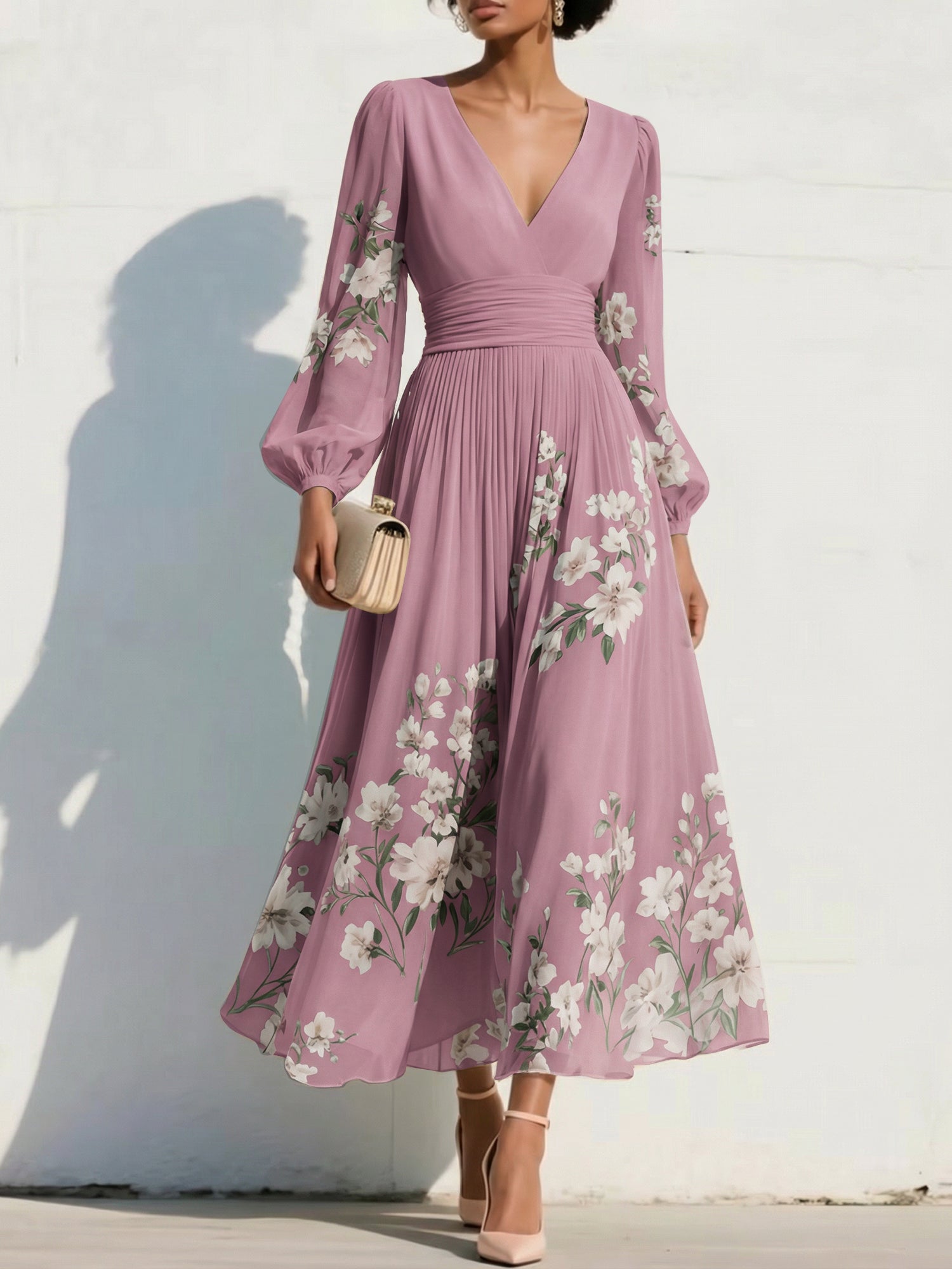 Elegant Floral V-Neck Pleated Midi Dress with Long Sleeves