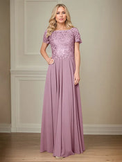 A Line Chiffon Boat Neck Short Sleeves Floor Length Pleated Mother of the Bride Dresses