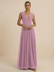 Teal Pleated V-Neck Chiffon Evening Gown with Ruched