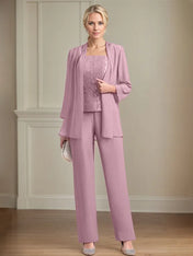 Chiffon Square Neck Sleeveless Floor Length Mother of the Bride Pantsuits