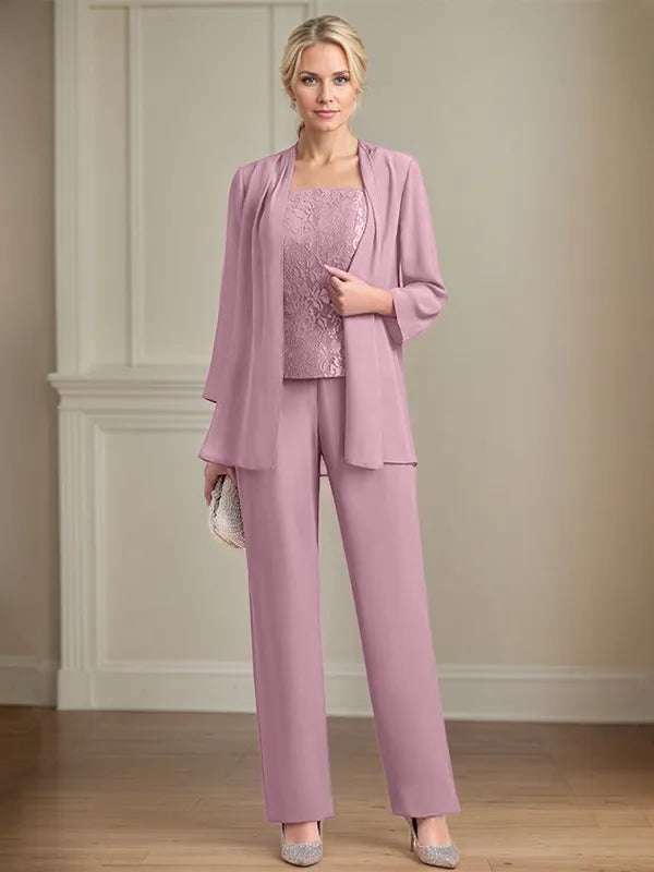 Chiffon Square Neck Sleeveless Floor Length Mother of the Bride Pantsuits