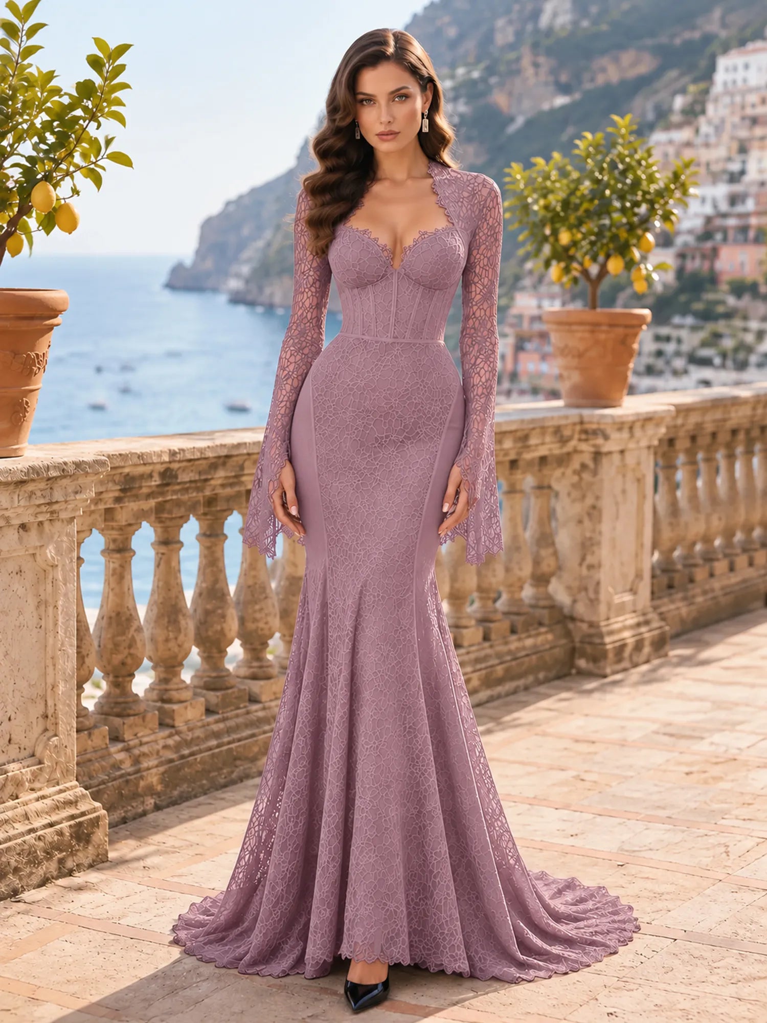 Long-Sleeve Lace-Trimmed Mermaid Evening Dress