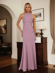 Dusty Blue Sheath Halter Long Mother of Bride Dress With Appliques