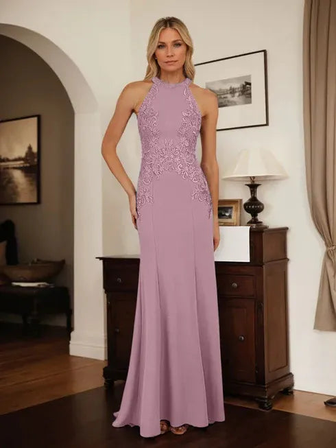 Dusty Blue Sheath Halter Long Mother of Bride Dress With Appliques