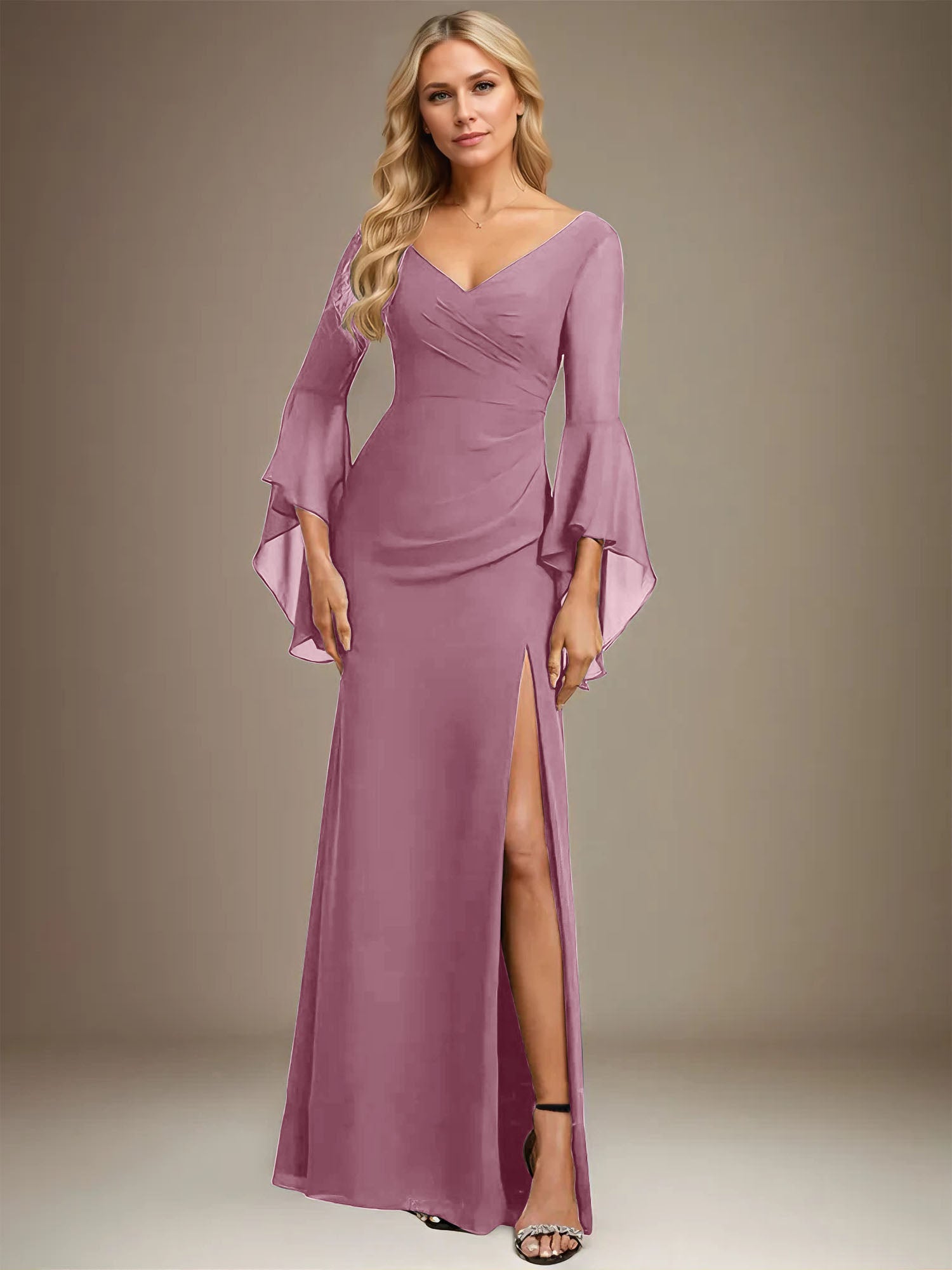 Sheath/Column V-Neck Floor-Length Chiffon Dress With Pleated