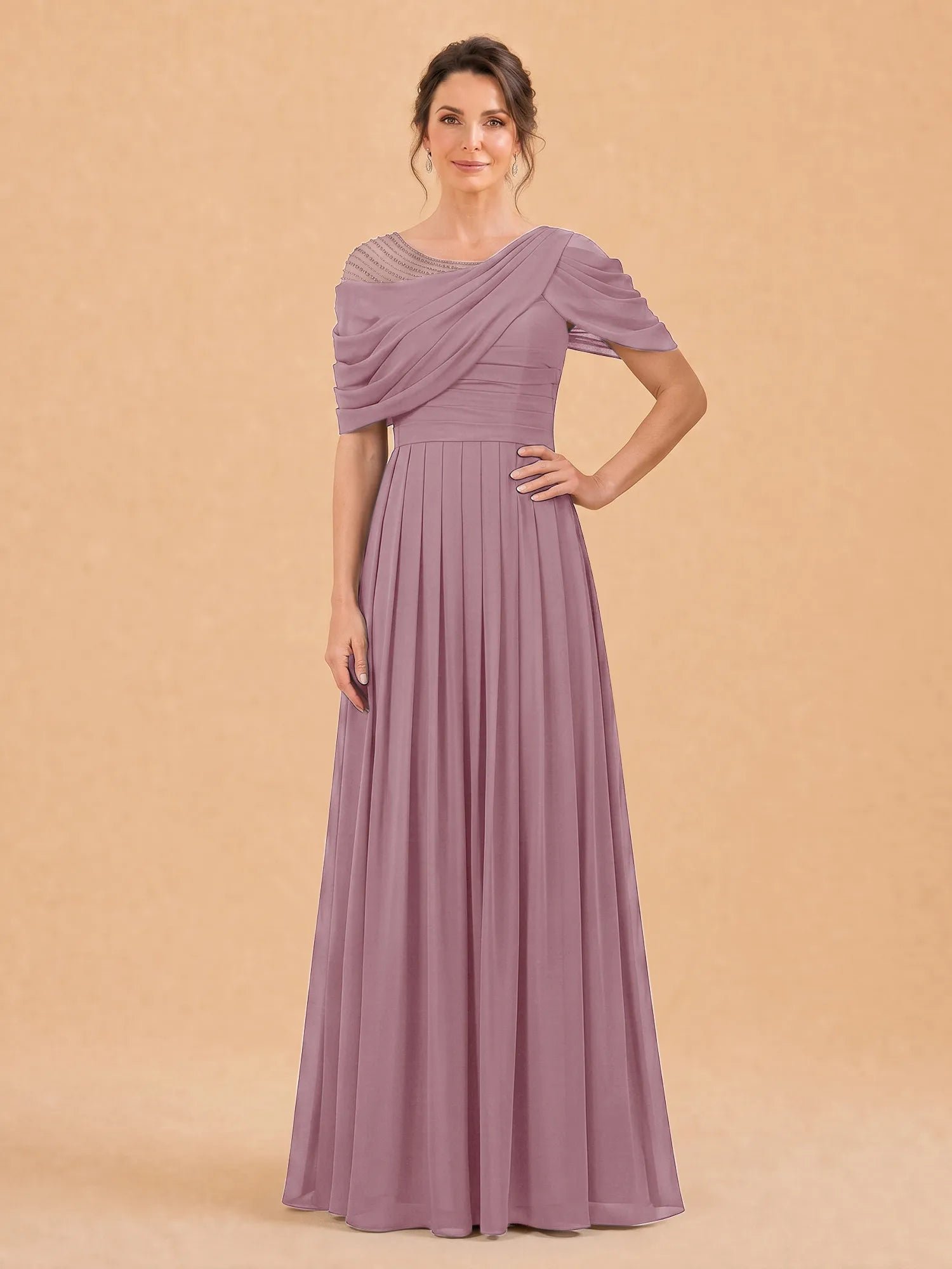 One-Shoulder Cape Overlay Chiffon Mother of the Bride Dress