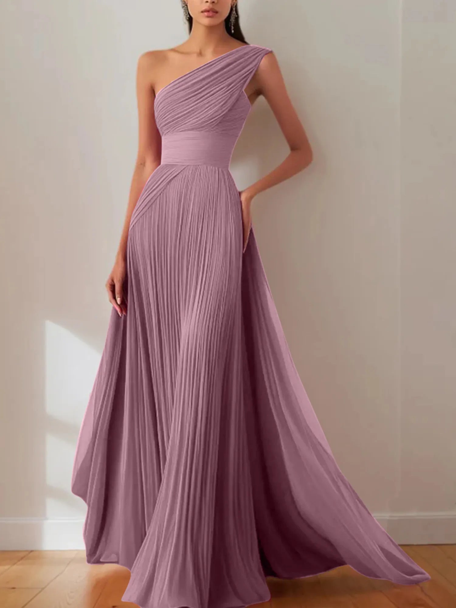Prom Formal Pleated Dress Rose Color One-Shoulder Maxi Dress