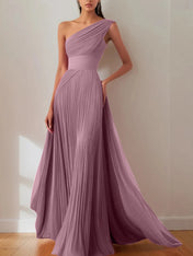 Prom Formal Pleated Dress Rose Color One-Shoulder Maxi Dress
