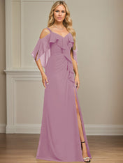 Sheath/Column Cold Shoulder V-Neck Floor-Length Chiffon Dress With Cascading Ruffles Sequins Beading