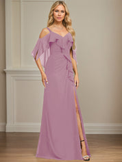 Sheath/Column Cold Shoulder V-Neck Floor-Length Chiffon Dress With Cascading Ruffles Sequins Beading
