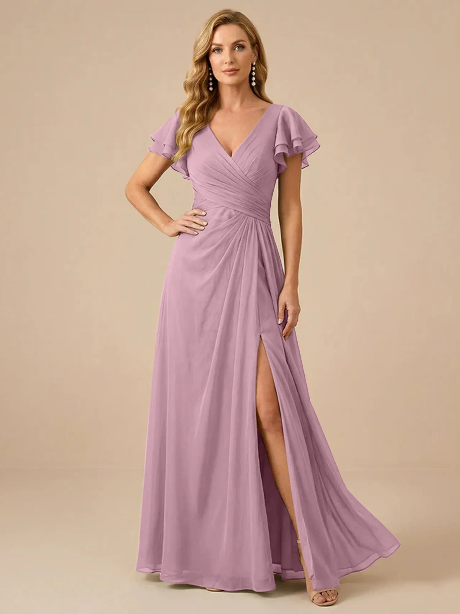 Sage Green V-Neck High-Slit Pleated Chiffon Dress