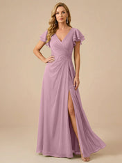 Sage Green V-Neck High-Slit Pleated Chiffon Dress