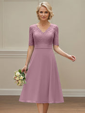 Wisteria A-line V-Neck Tea-Length Chiffon Lace Mother of the Bride Dress with Appliques