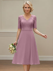 Wisteria A-line V-Neck Tea-Length Chiffon Lace Mother of the Bride Dress with Appliques