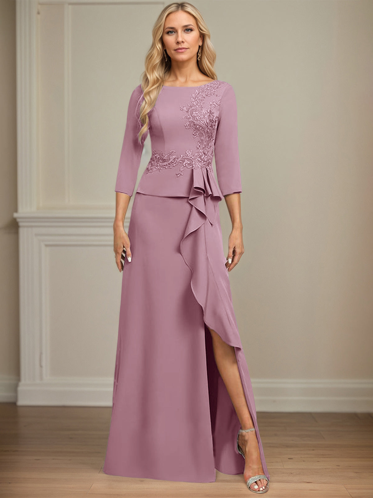 Column Scoop Floor-Length Stretch Crepe Dress With Cascading Ruffles Appliques