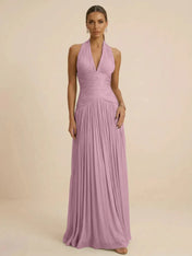 Sage Green Halter Neck Pleated Chiffon Evening Gown with Ruched