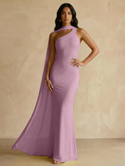 Yellow One-Shoulder Crepe Sheath Gown with Flowing Chiffon Cape Train