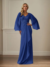 Sheath/Column Chiffon V Neck Long Sleeves Floor Length Mother of the Bride Dresses With Appliques