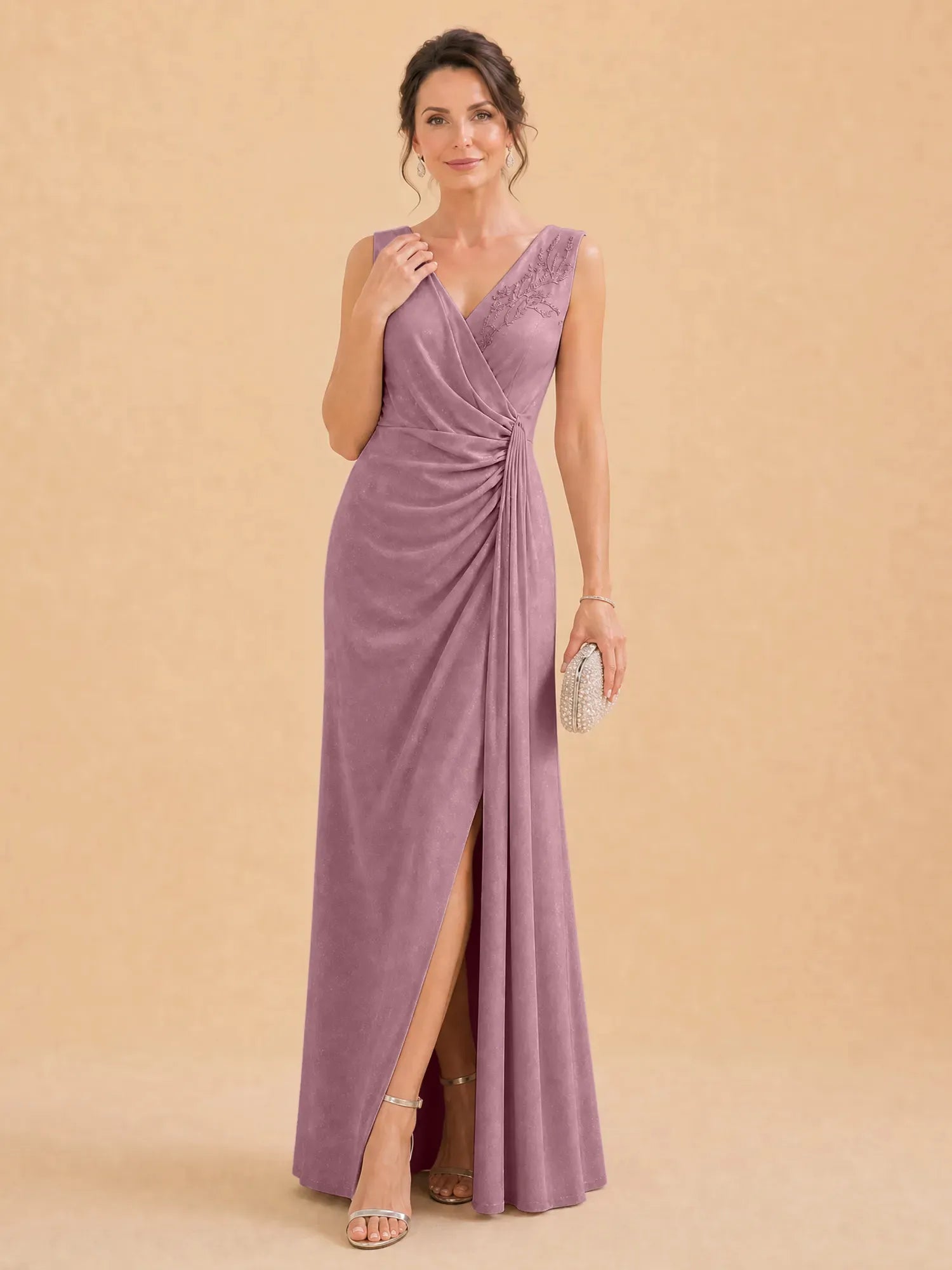 V-Neck Faux-Wrap Evening Gown with Side Draping Mother of The Bride Dresses