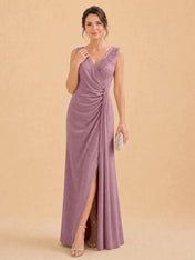 V-Neck Faux-Wrap Evening Gown with Side Draping Mother of The Bride Dresses