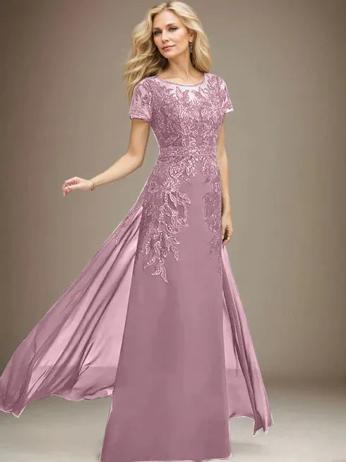 Column Scoop Illusion Floor-Length Lace Chiffon Mother of the Bride Dress With Sequins