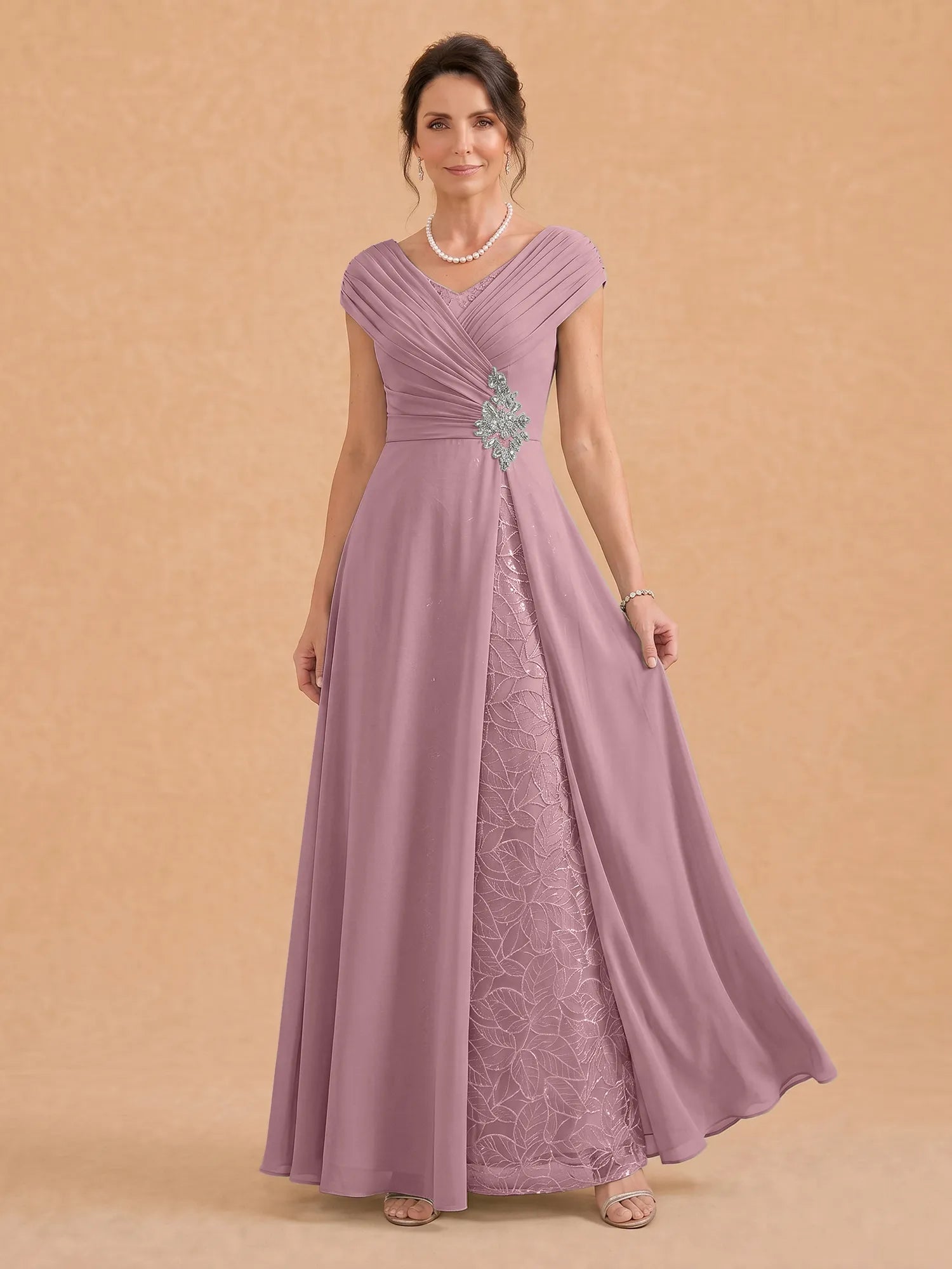 V-Neck Ruched Chiffon A-Line Mother of the Bride Dress with Crystal Brooch