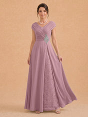 V-Neck Ruched Chiffon A-Line Mother of the Bride Dress with Crystal Brooch