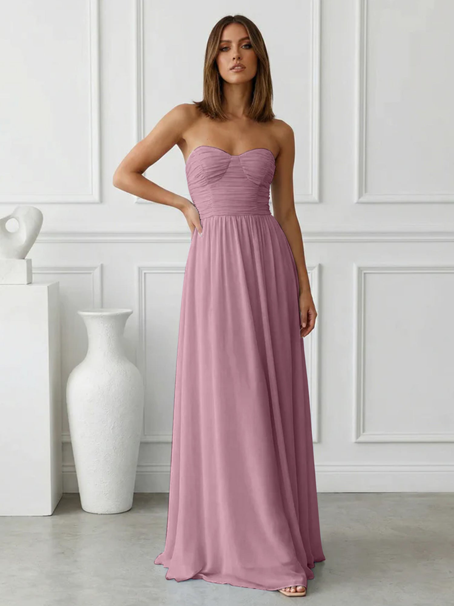 Light Blue Sweetheart Chiffon A Line Maxi Dress with Pleat
