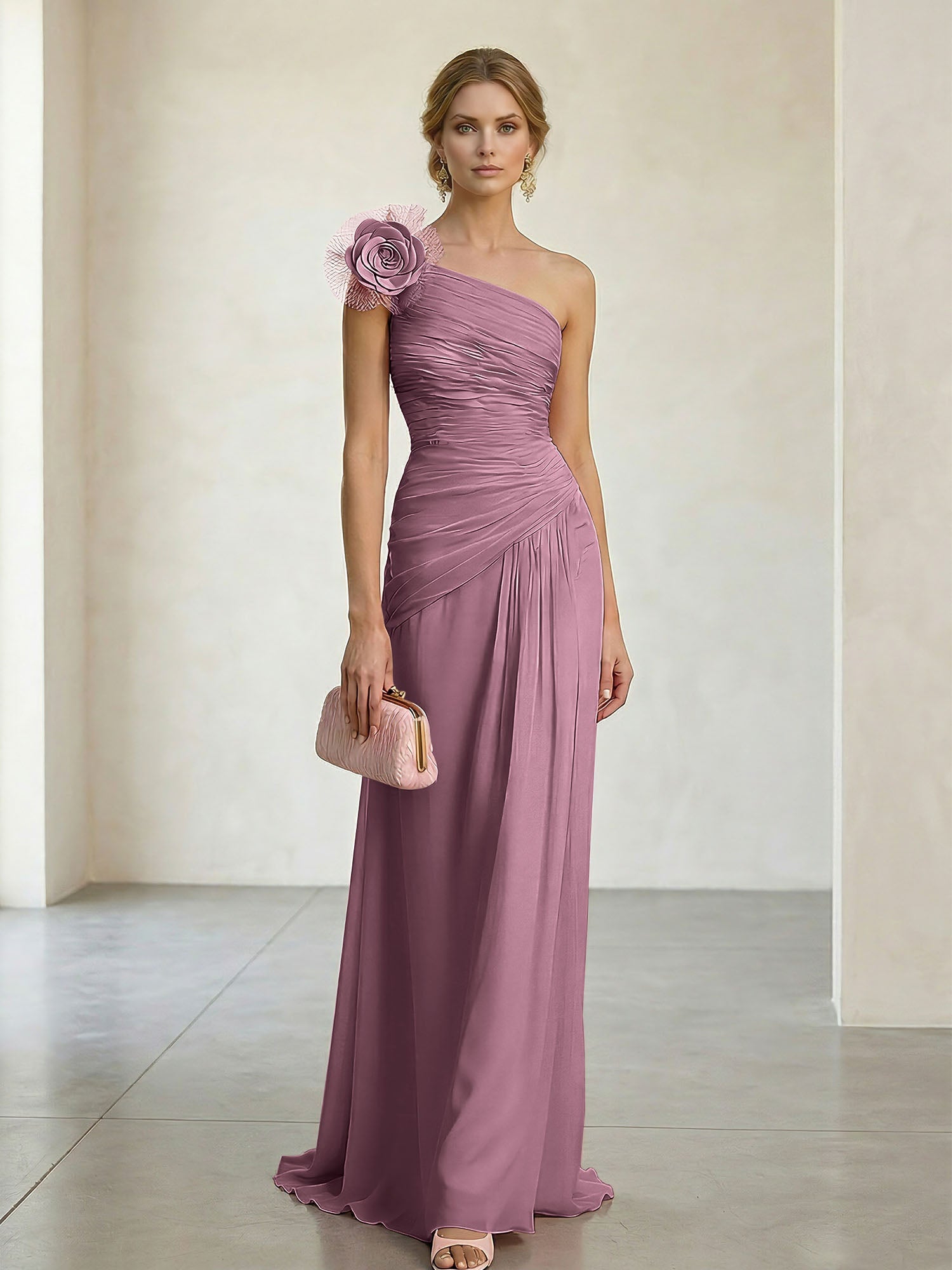 Blush Pink One-Shoulder Ruched 3D Floral Gown Dress