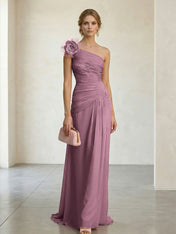 Blush Pink One-Shoulder Ruched 3D Floral Gown Dress